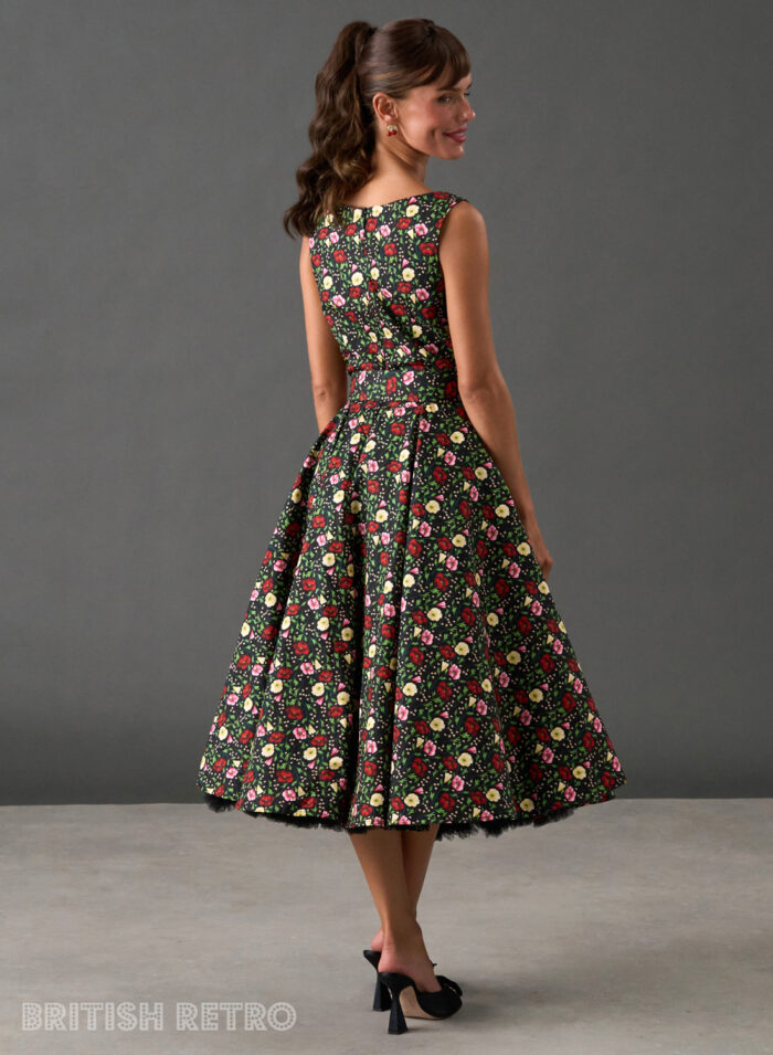 Audrey floral wedding guest dress back view
