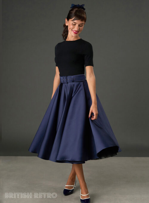 Woman wearing The Grace navy satin full circle midi skirt with matching belt and pockets