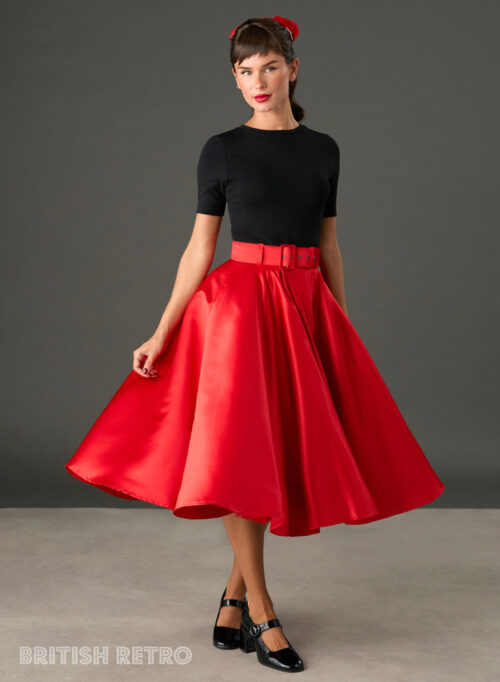 Woman wearing The Grace red satin full circle midi skirt with matching belt and pockets