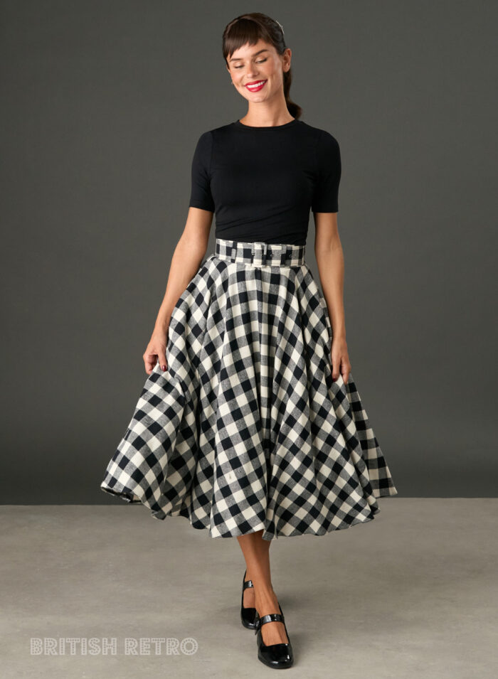 Woman wearing The Eloise black and white gingham full circle midi skirt with matching belt