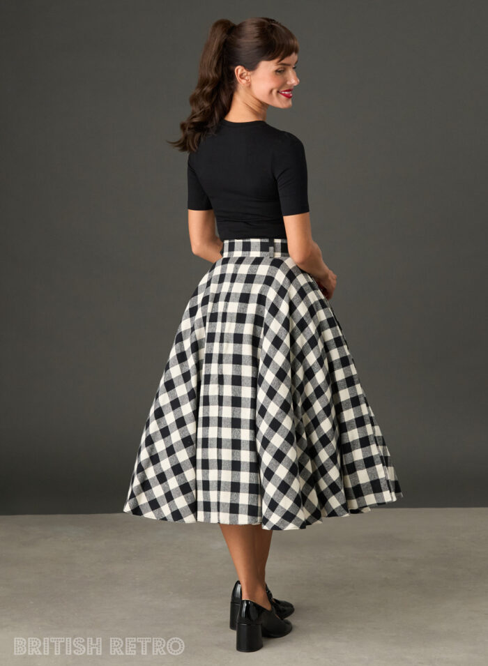 Woman wearing The Eloise black and white gingham full circle midi skirt with matching belt